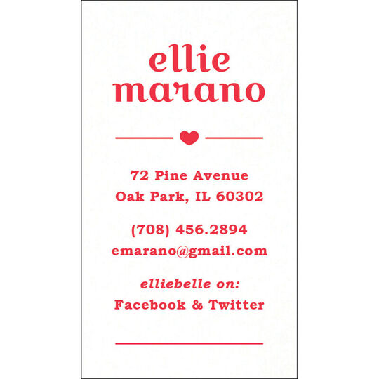 Vertical Single Heart Letterpress Contact Cards